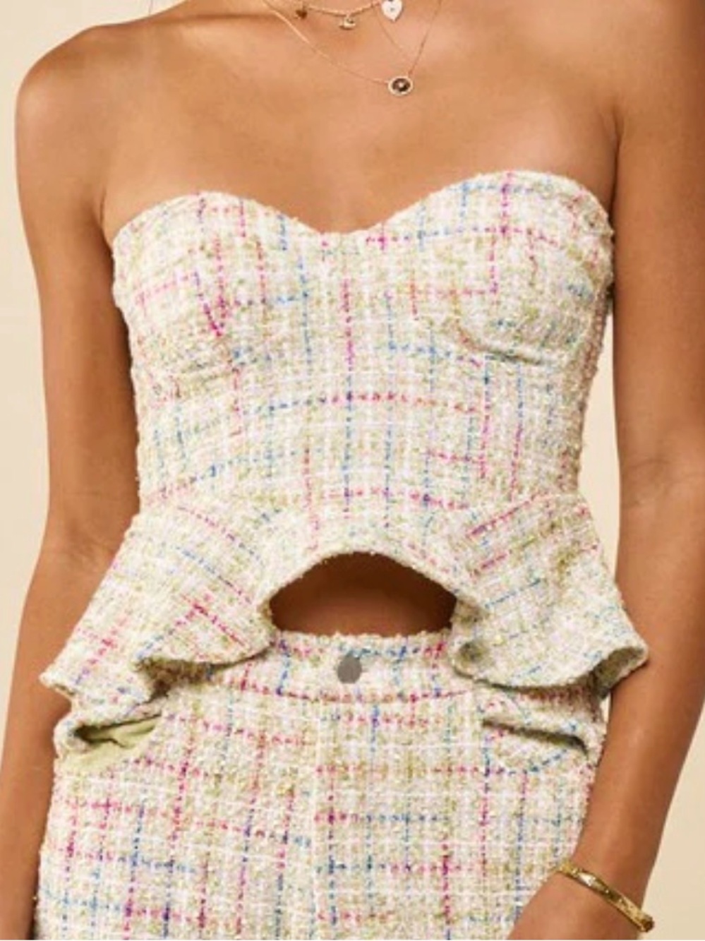 Strapless Pastel Tweed Peplum Cutout Dress